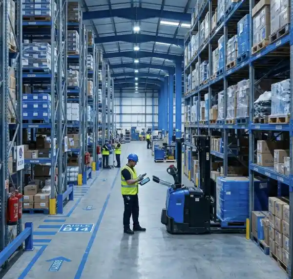 Warehouse operatives and forklift drivers working in a busy UK distribution centre